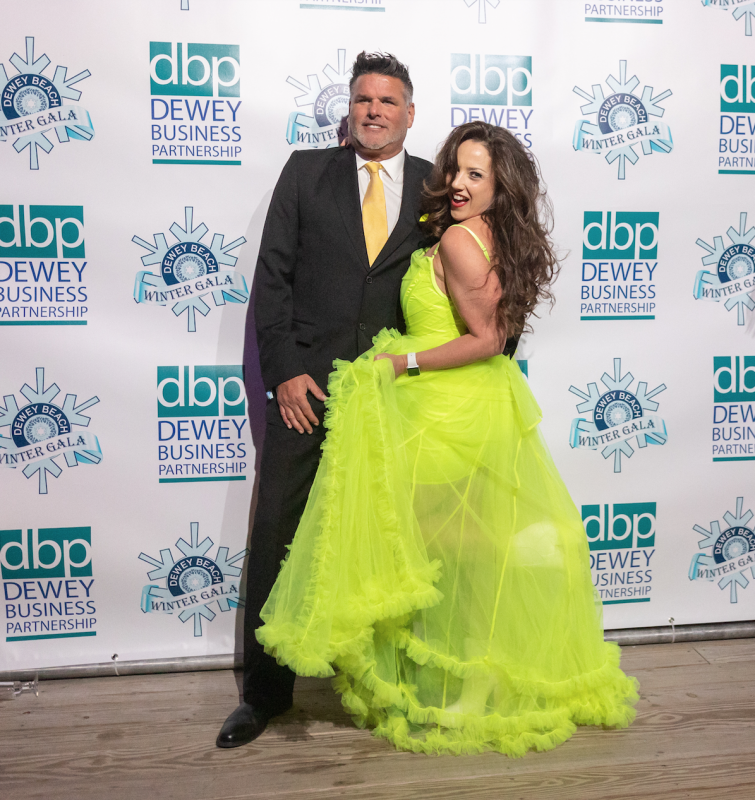 Eddie O’Donnell and Kelly Ranieri stop for a photo by the Dewey Business Partnership Winter Gala backdrop. SUBMITTED PHOTO